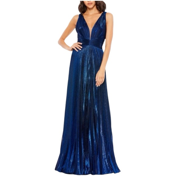 Mac Duggal Dresses & Skirts - Mac Duggal PLUNGE NECK PLEATED METALLIC GOWN 50640 Sapphire NEW Size 12